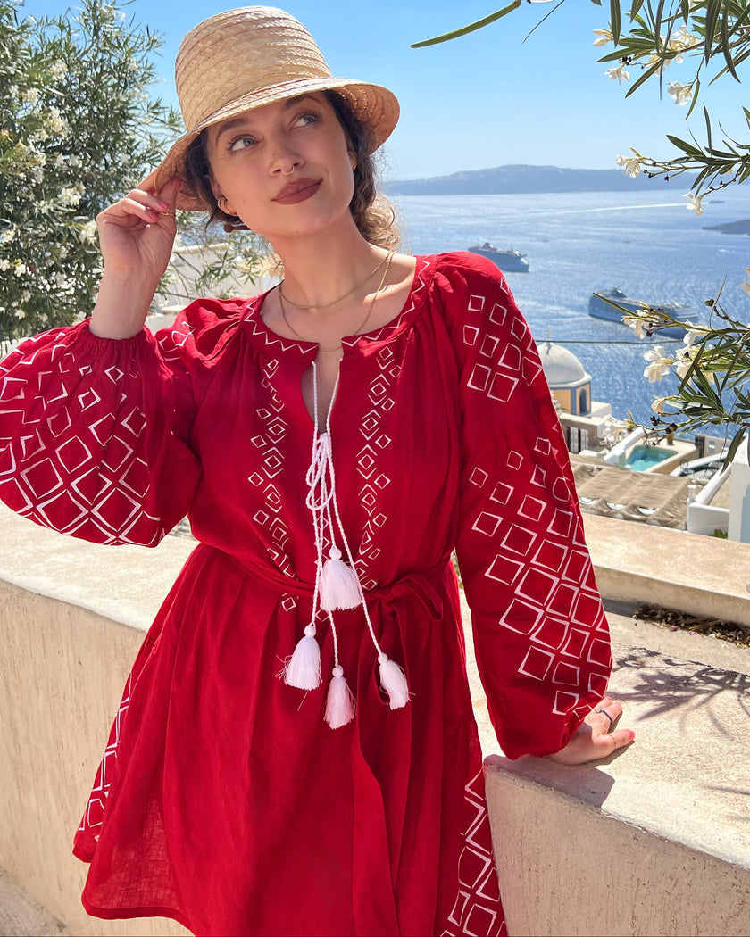 Red White Geometric Embroidered Linen Kaftan Mini Dress