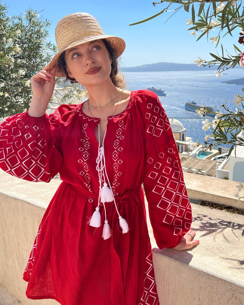 Scarlet Red Embroidered Linen Mini Dress – Balloon Sleeves