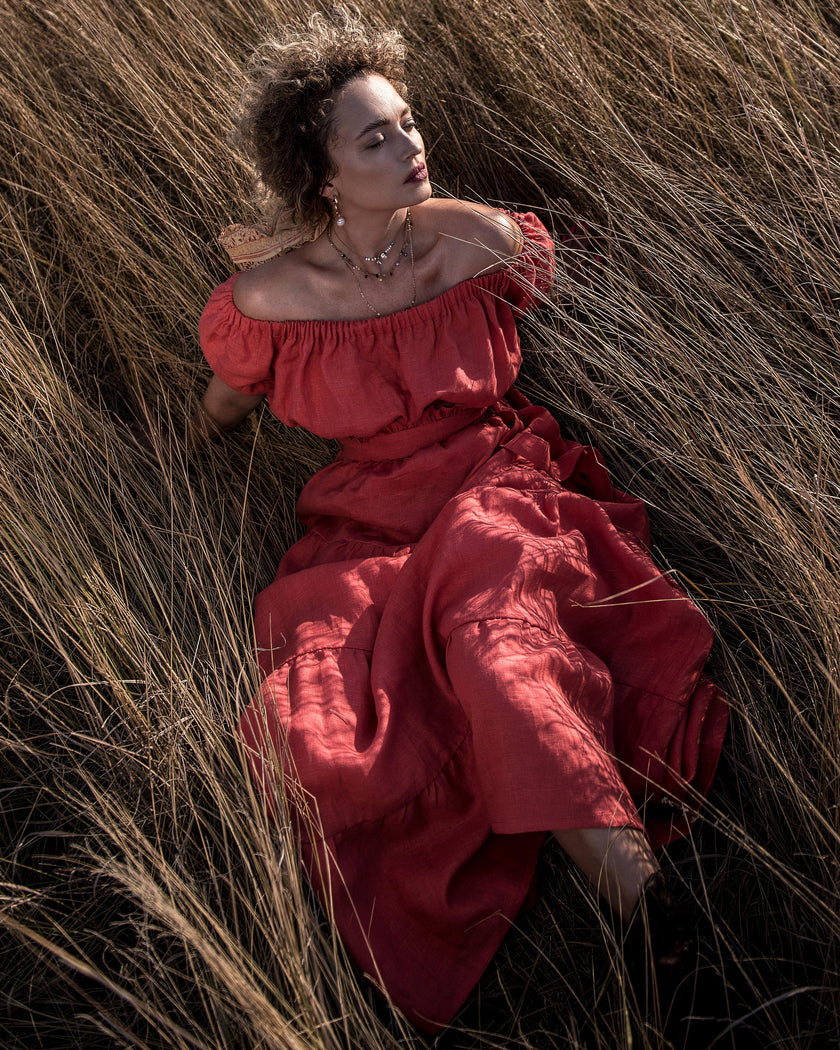 Coral Linen Off-Shoulder Crop Top and Maxi Skirt Co-ord Set
