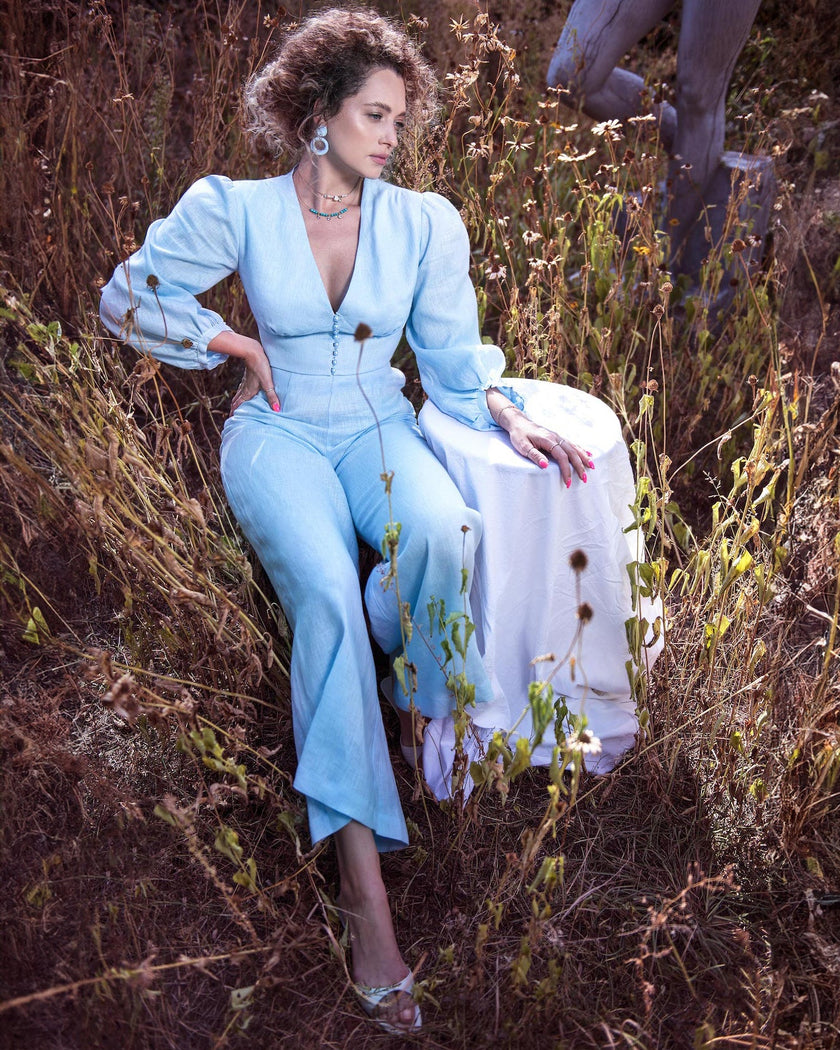 Baby Blue Linen V-Neck Crop Top and Palazzo Pants Co-ord Set