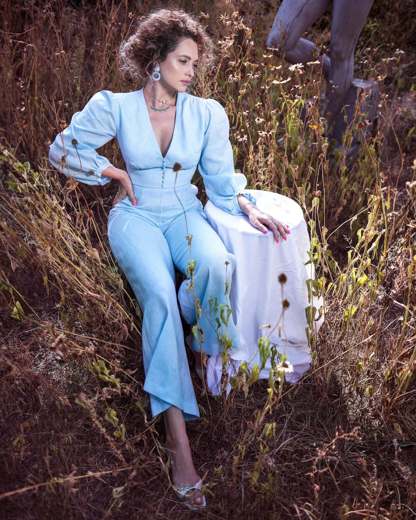 Baby Blue Linen Dress – 3/4 Sleeves | ZALXNDRA