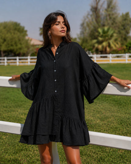 Black Asymmetric Ruffled Linen Mini Shirt Dress