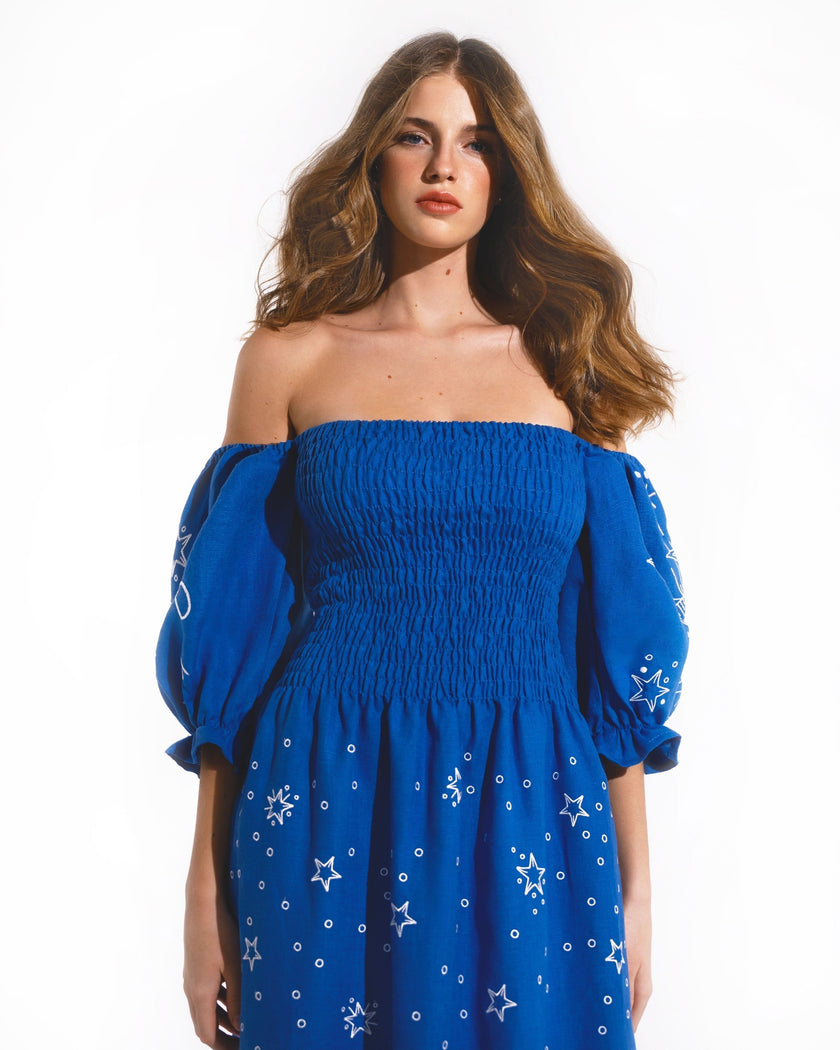 Royal Blue Embroidered Linen Dress | ZALXNDRA