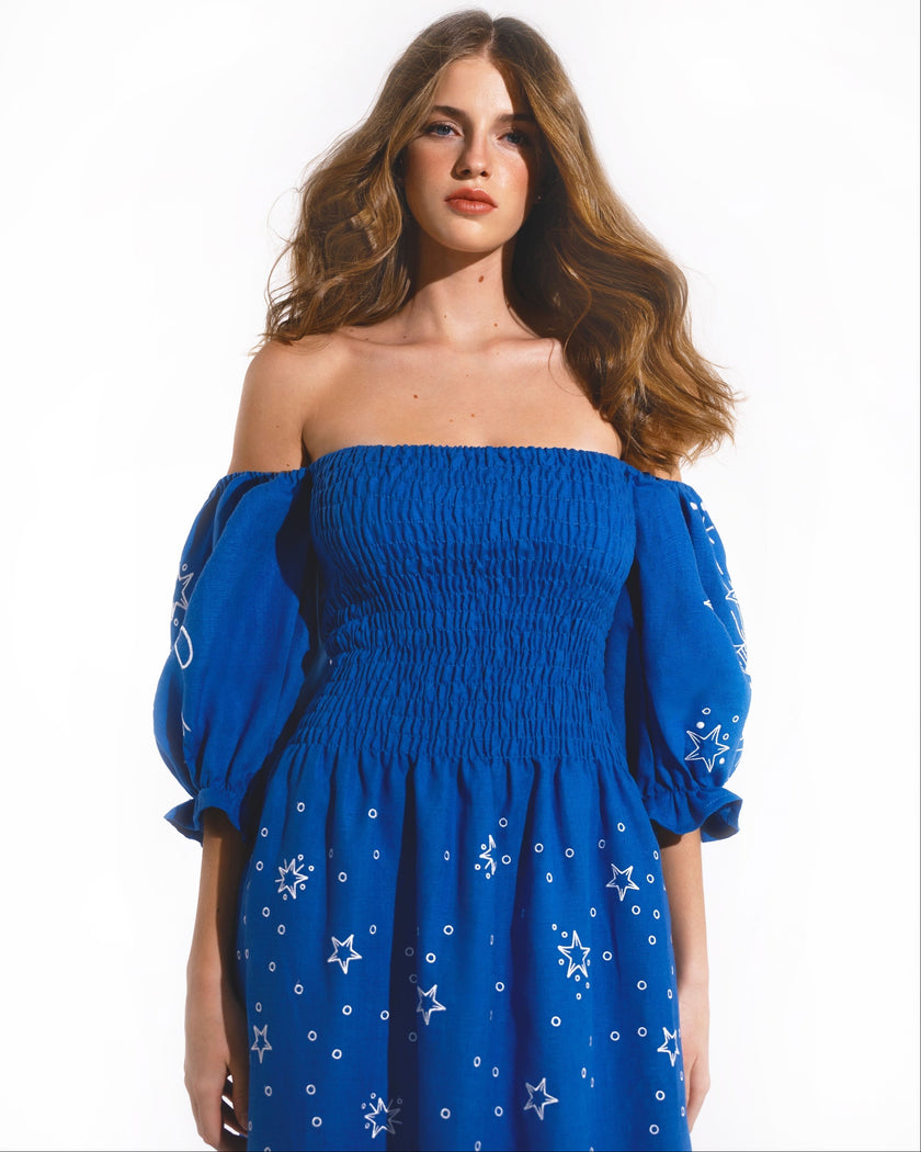 Royal Blue and White Celestial Embroidered Linen Off-Shoulder Midi Dress