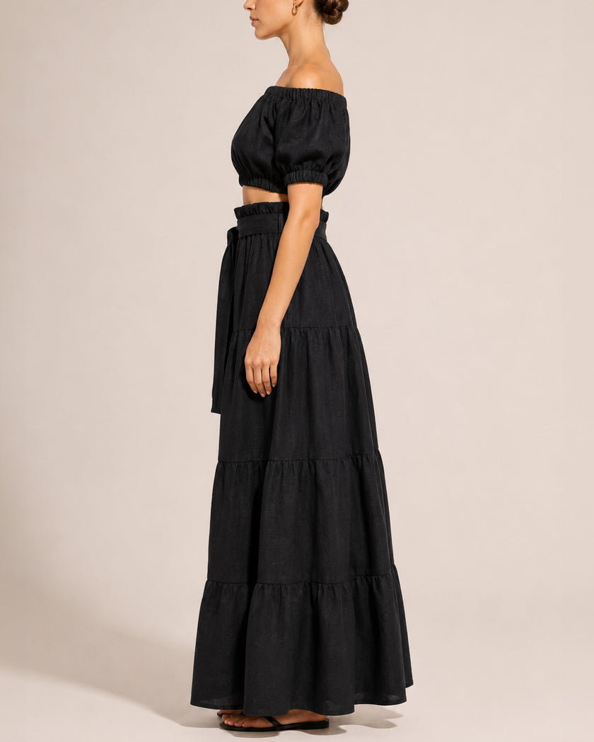 Black Linen Off-Shoulder Crop Top and Maxi Skirt Co-ord Set