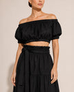 Black Linen Off-Shoulder Crop Top and Maxi Skirt Co-ord Set