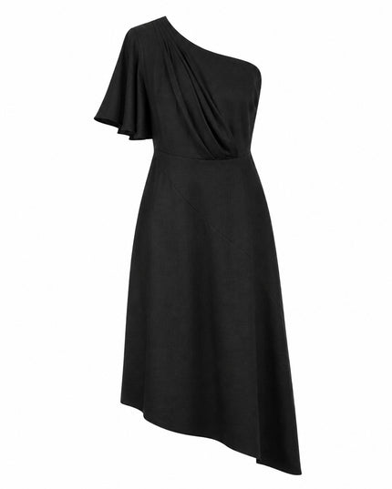 Black One-Shoulder Asymmetric Linen Midi Dress
