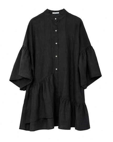 Black Asymmetric Ruffled Linen Mini Shirt Dress
