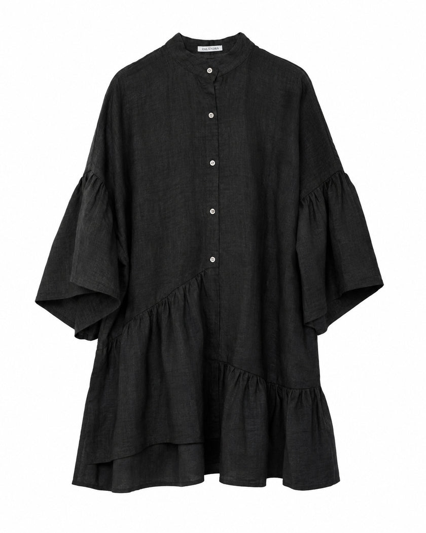 Black Asymmetric Ruffled Linen Mini Shirt Dress