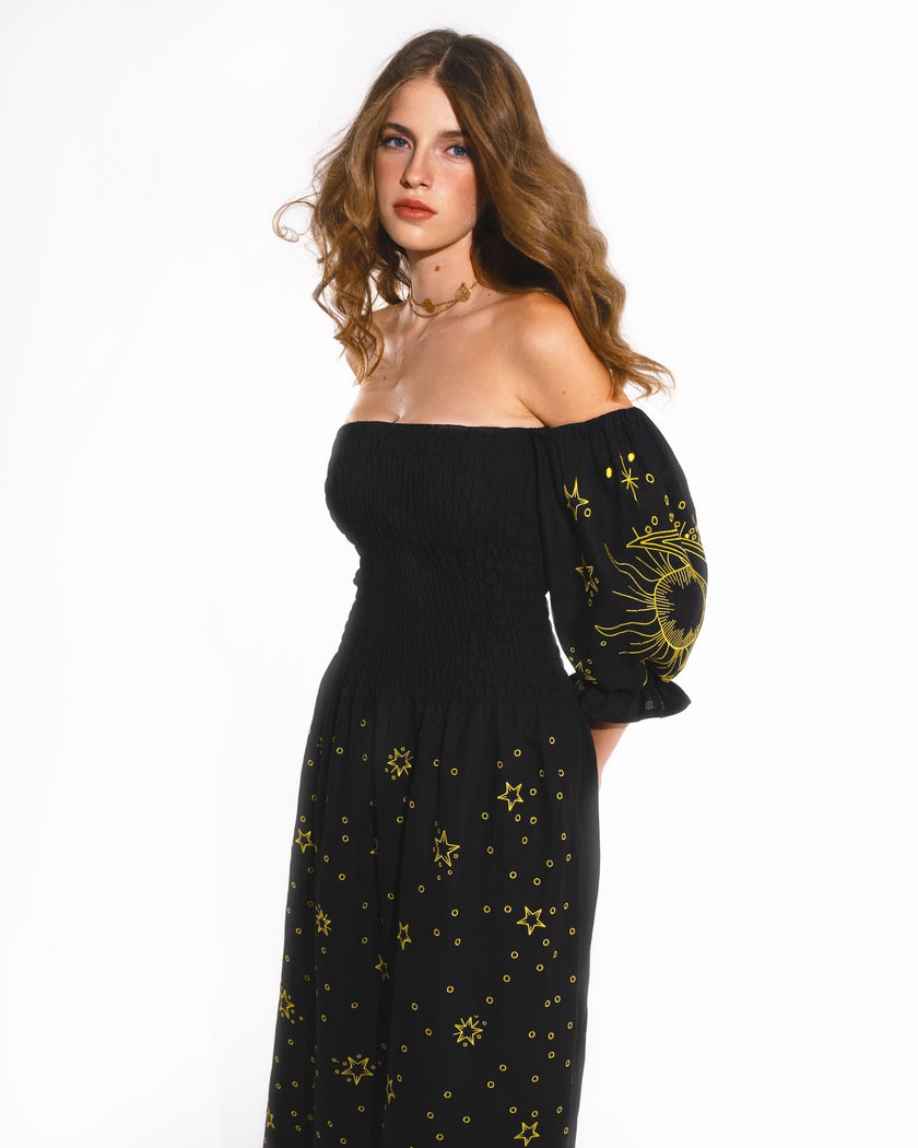 Black Embroidered Linen Dress | ZALXNDRA