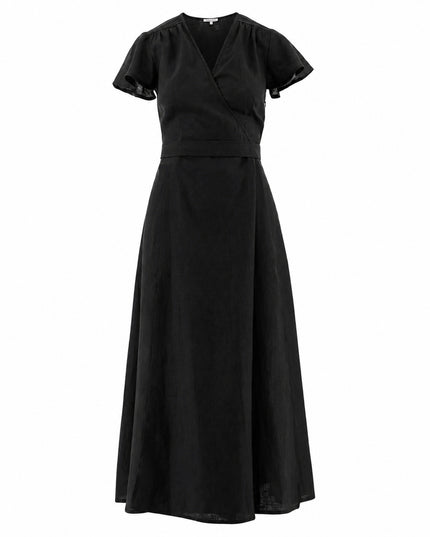 Black Linen Belted V-Neck Maxi Dress