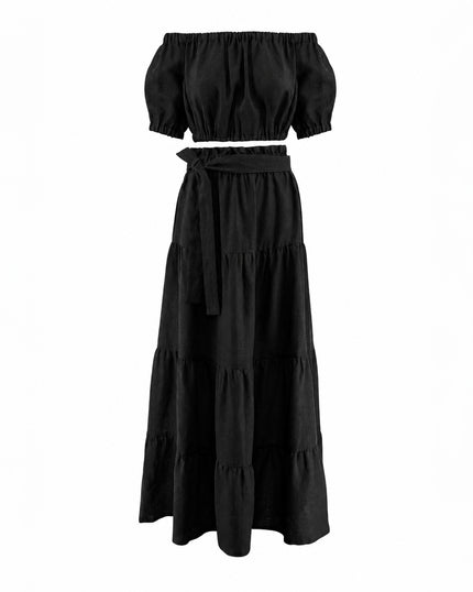 Black Linen Off-Shoulder Crop Top and Maxi Skirt Co-ord Set