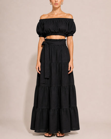 Black Linen Off-Shoulder Crop Top and Maxi Skirt Co-ord Set