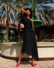 Black One-Shoulder Asymmetric Linen Midi Dress