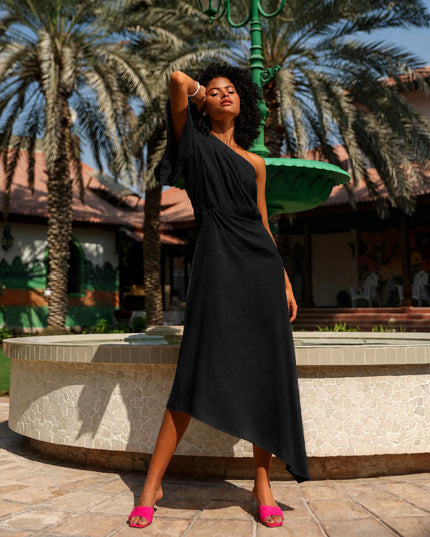 Black One-Shoulder Asymmetric Linen Midi Dress