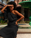 Black One-Shoulder Asymmetric Linen Midi Dress