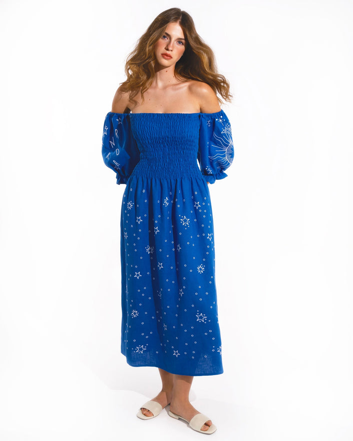 Royal Blue and White Celestial Embroidered Linen Off-Shoulder Midi Dress