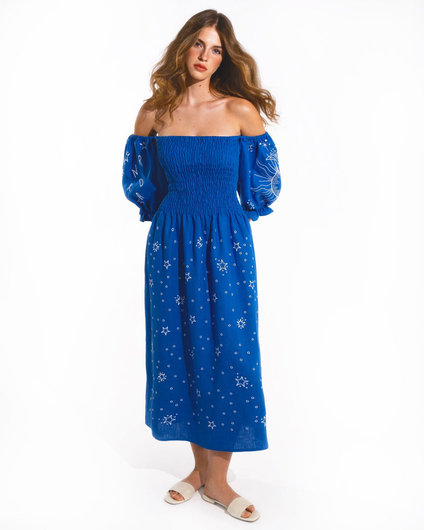 Royal Blue and White Celestial Embroidered Linen Off-Shoulder Midi Dress