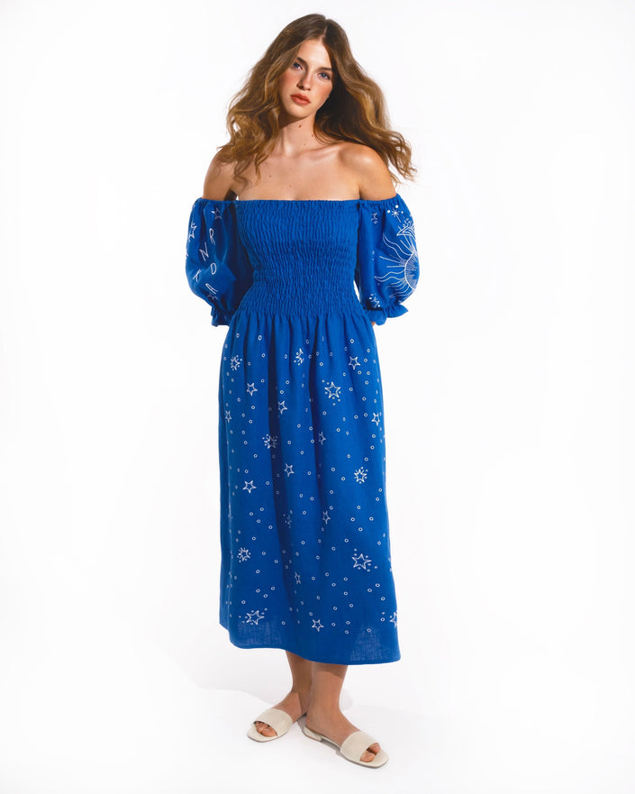 Royal Blue Embroidered Linen Dress | ZALXNDRA