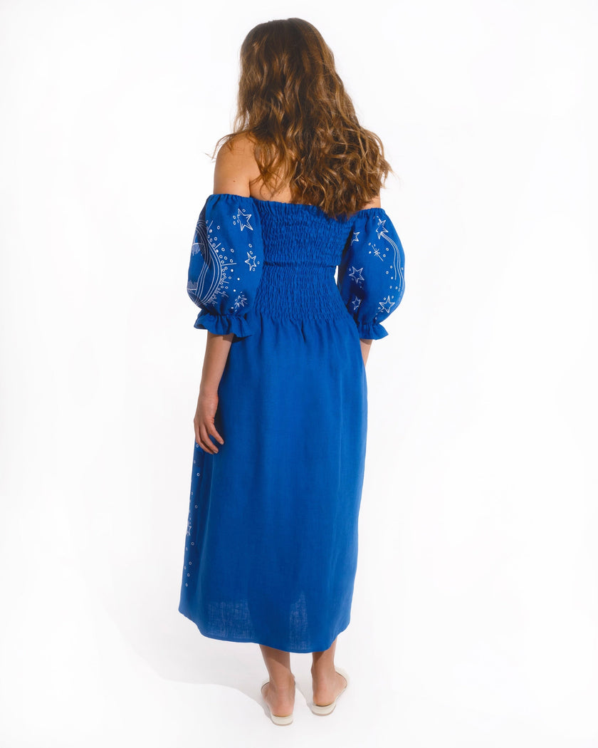 Royal Blue Embroidered Linen Dress | ZALXNDRA