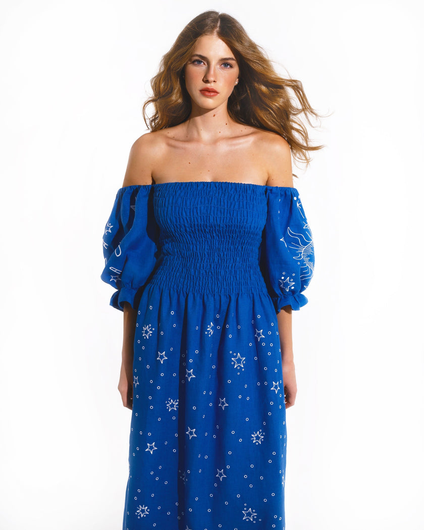 Royal Blue and White Celestial Embroidered Linen Off-Shoulder Midi Dress