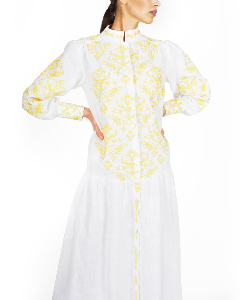 White Embroidered Linen Maxi Dress | ZALXNDRA