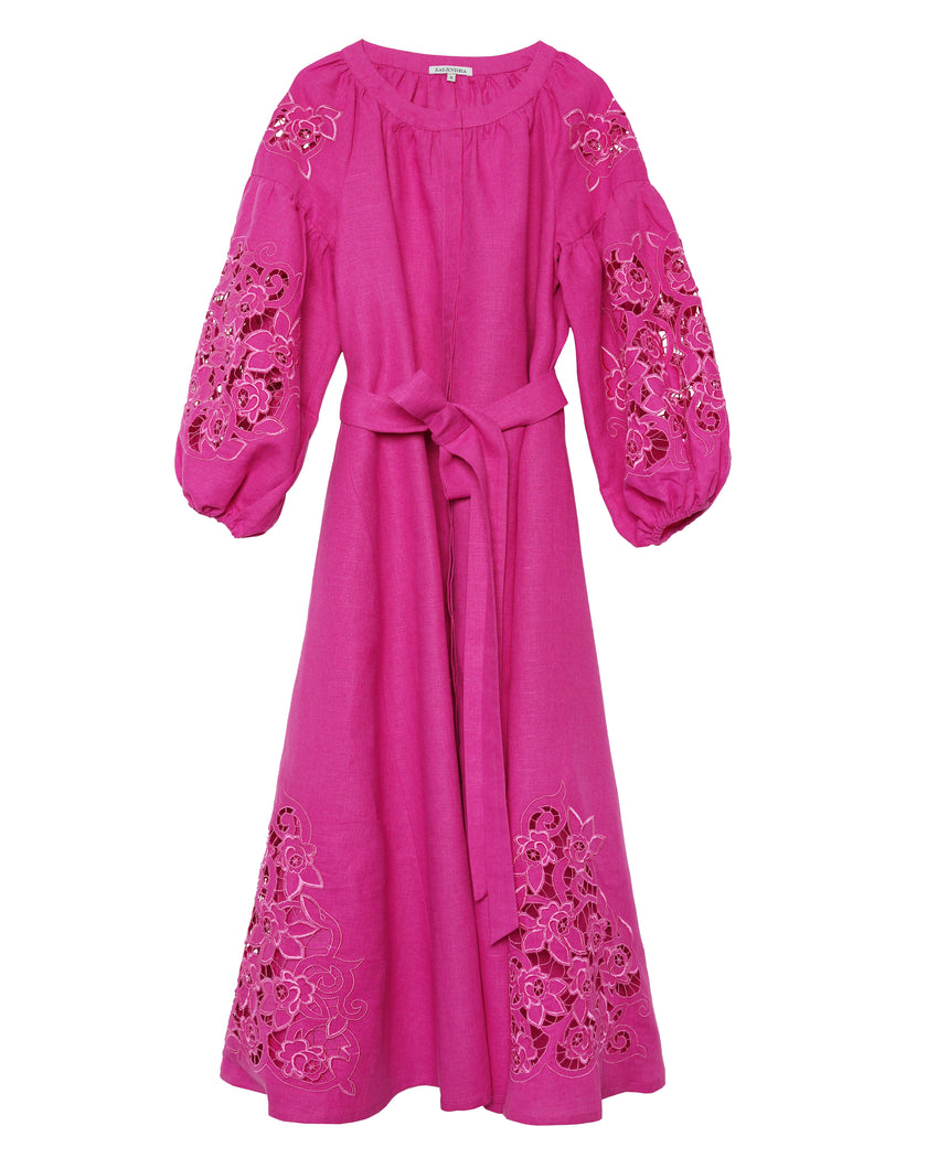 Fuchsia Hand-Cut Richelieu Embroidered Linen Kaftan Maxi Dress