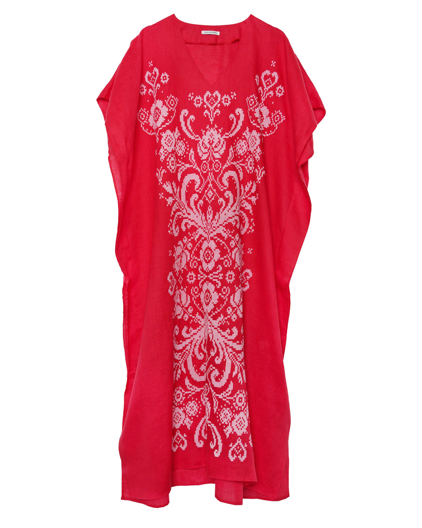 Red White Hand-Embroidered Cross-Stitch Linen Kaftan Maxi Dress