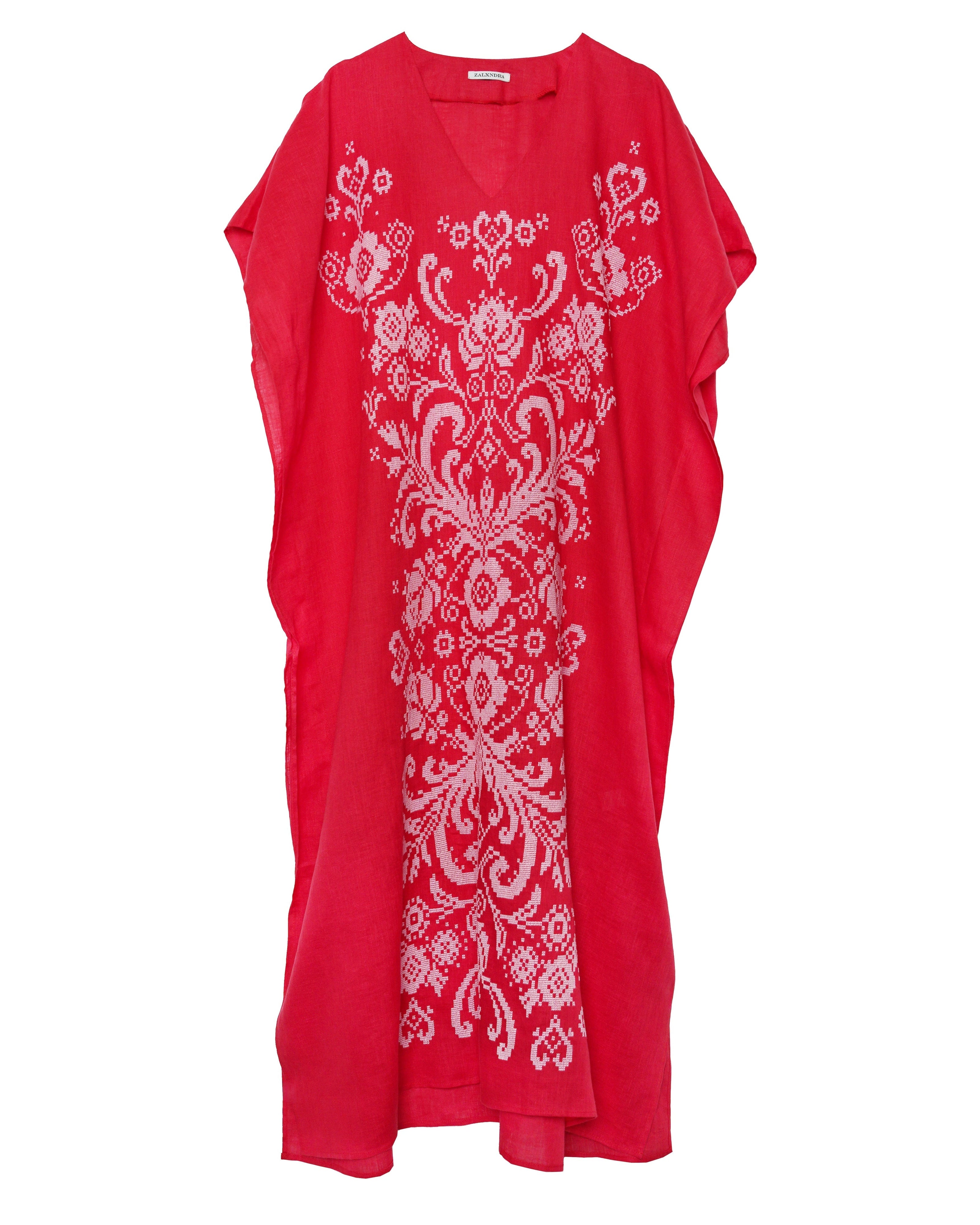 Scarlet Red Embroidered Linen Maxi Dress | ZALXNDRA