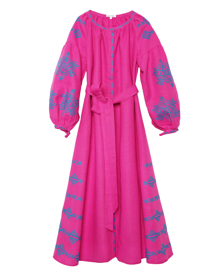 Fuchsia Blue Hand-Embroidered Cross-Stitch Linen Kaftan Maxi Dress