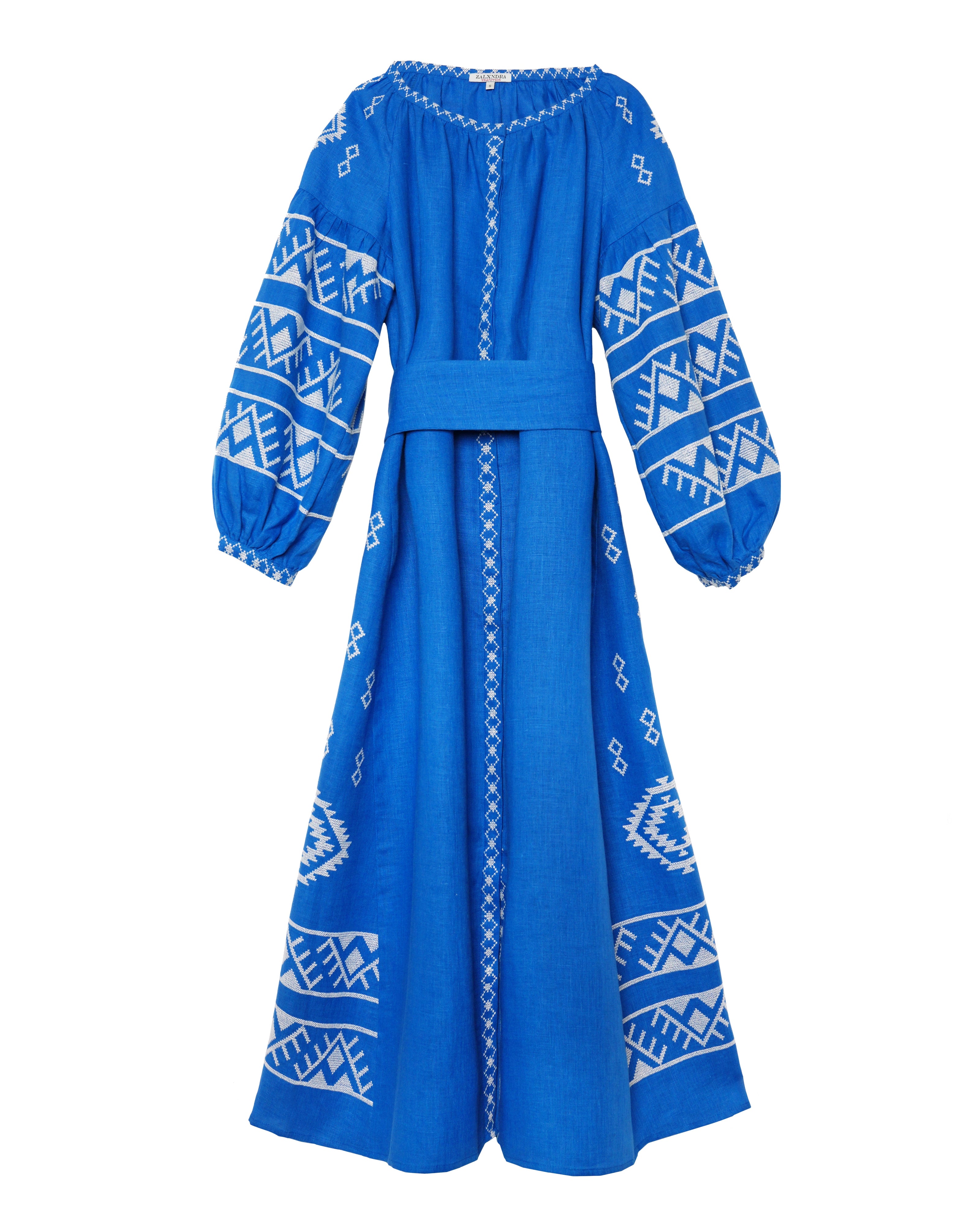 Royal Blue Embroidered Linen Maxi Dress – Balloon Sleeves