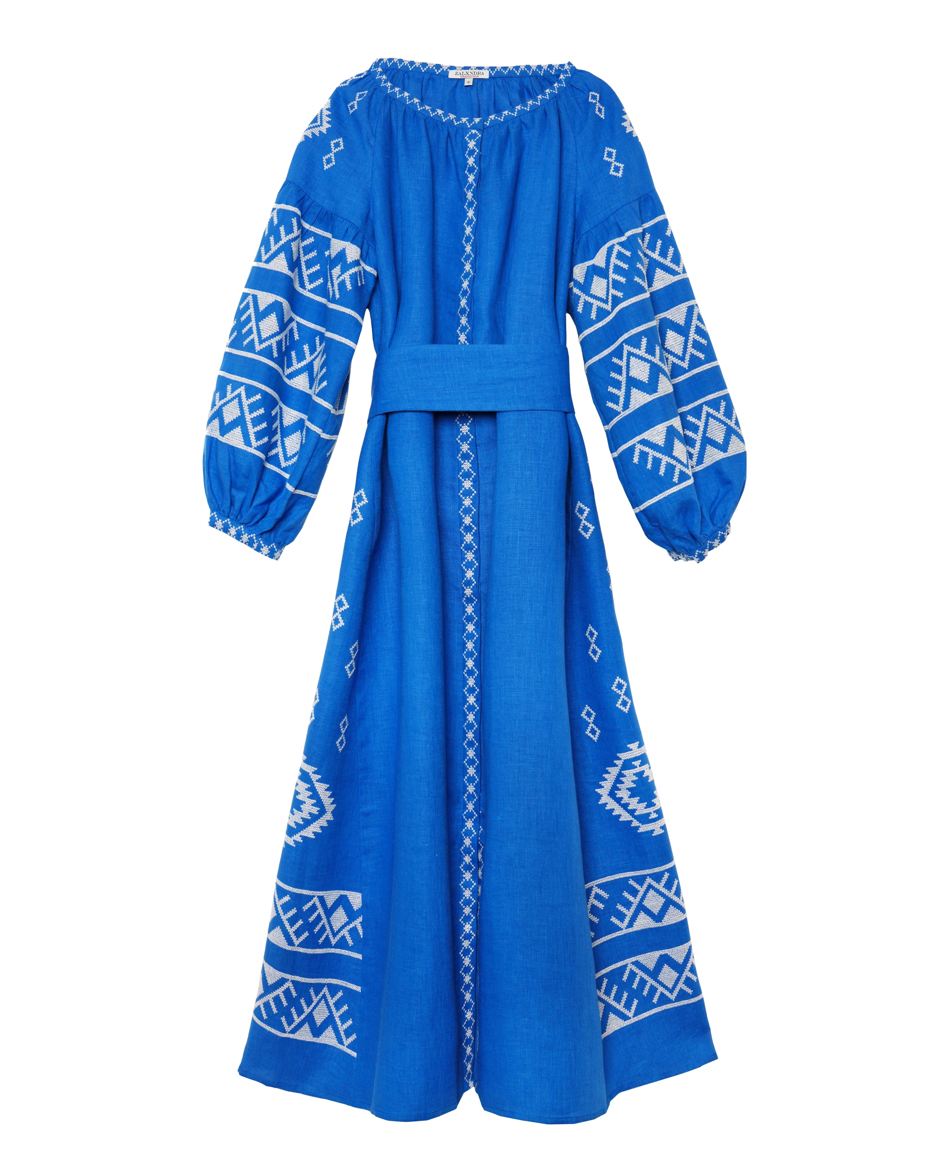 Robe longue en lin brodé bleu roi – Manches ballon