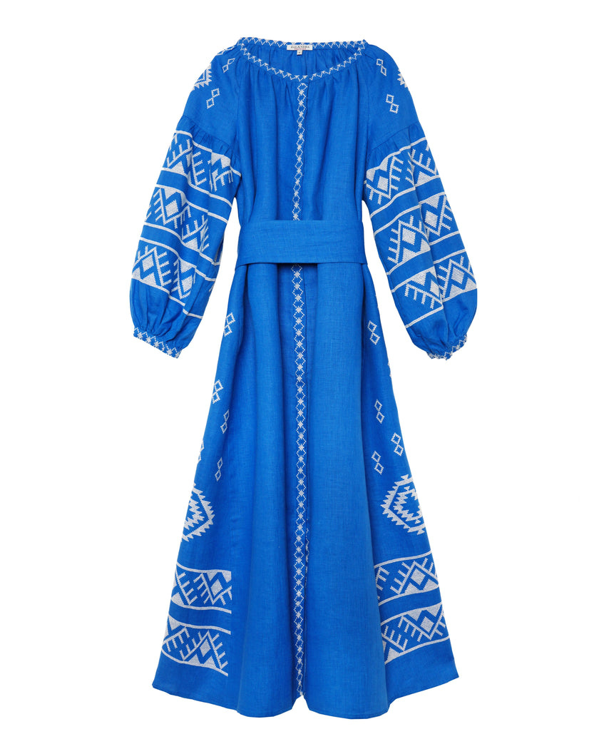 Royal Blue Embroidered Linen Maxi Dress – Balloon Sleeves