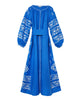 Robe longue en lin brodé bleu roi – Manches ballon