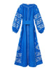 Royal Blue Embroidered Linen Maxi Dress – Balloon Sleeves