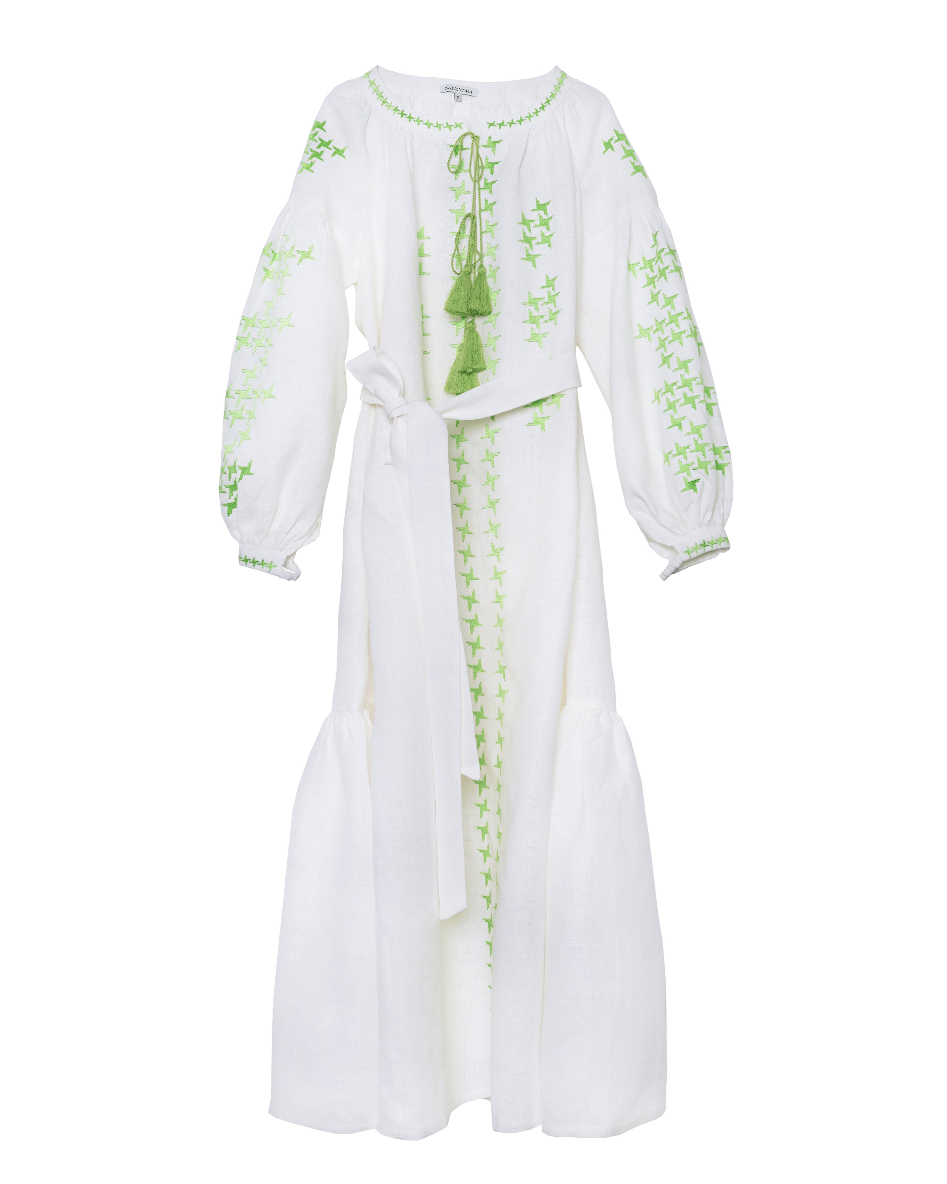 White Embroidered Linen Long Dress – Balloon Sleeves | ZALXNDRA