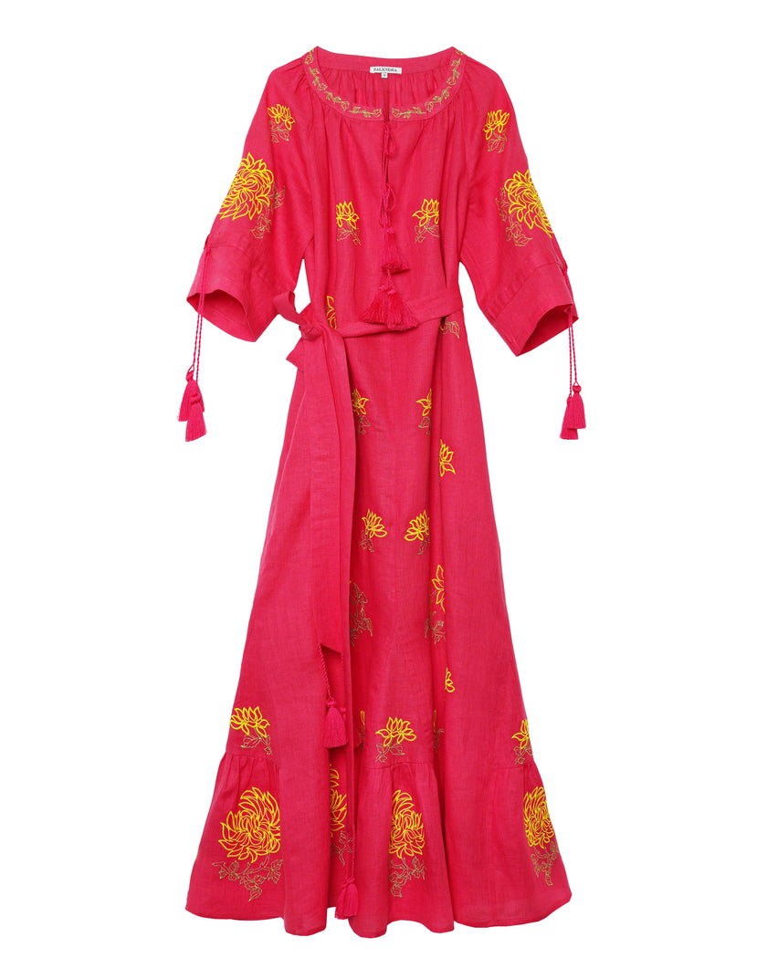 Coral Yellow Floral Embroidered Linen Kaftan Maxi Dress