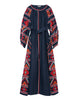 Rhapsody Blue besticktes Maxikleid aus Leinen – Ballonärmel