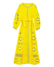 Saffron Yellow Embroidered Linen Maxi Dress – Balloon Sleeves