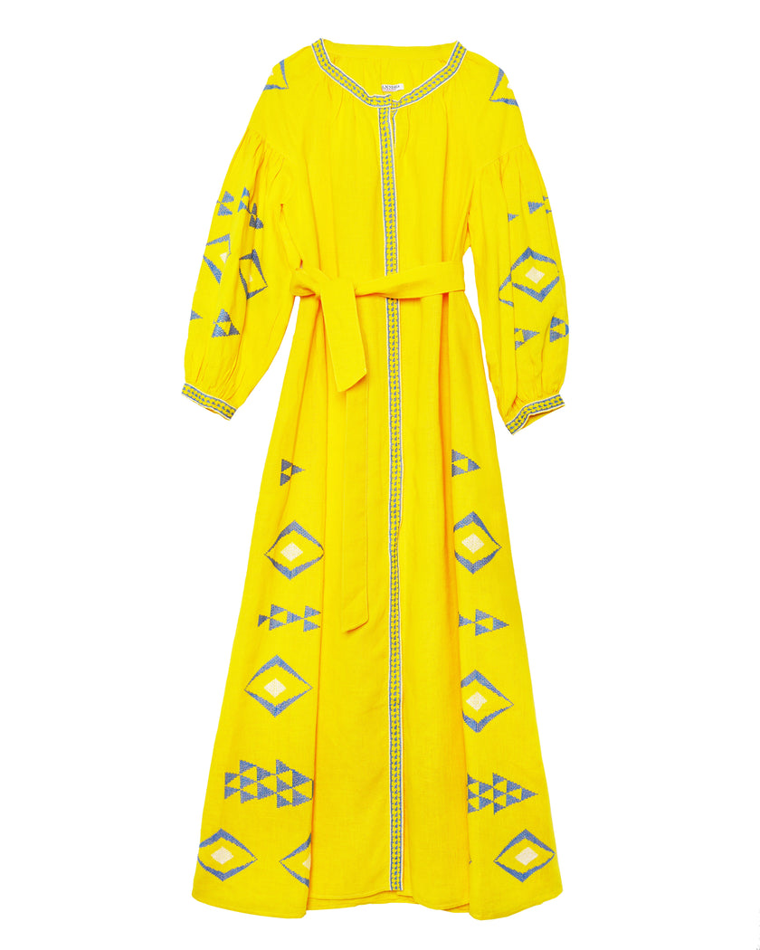 Saffron Yellow Hand-Embroidered Cross-Stitch Linen Kaftan Maxi Dress with Balloon Sleeves