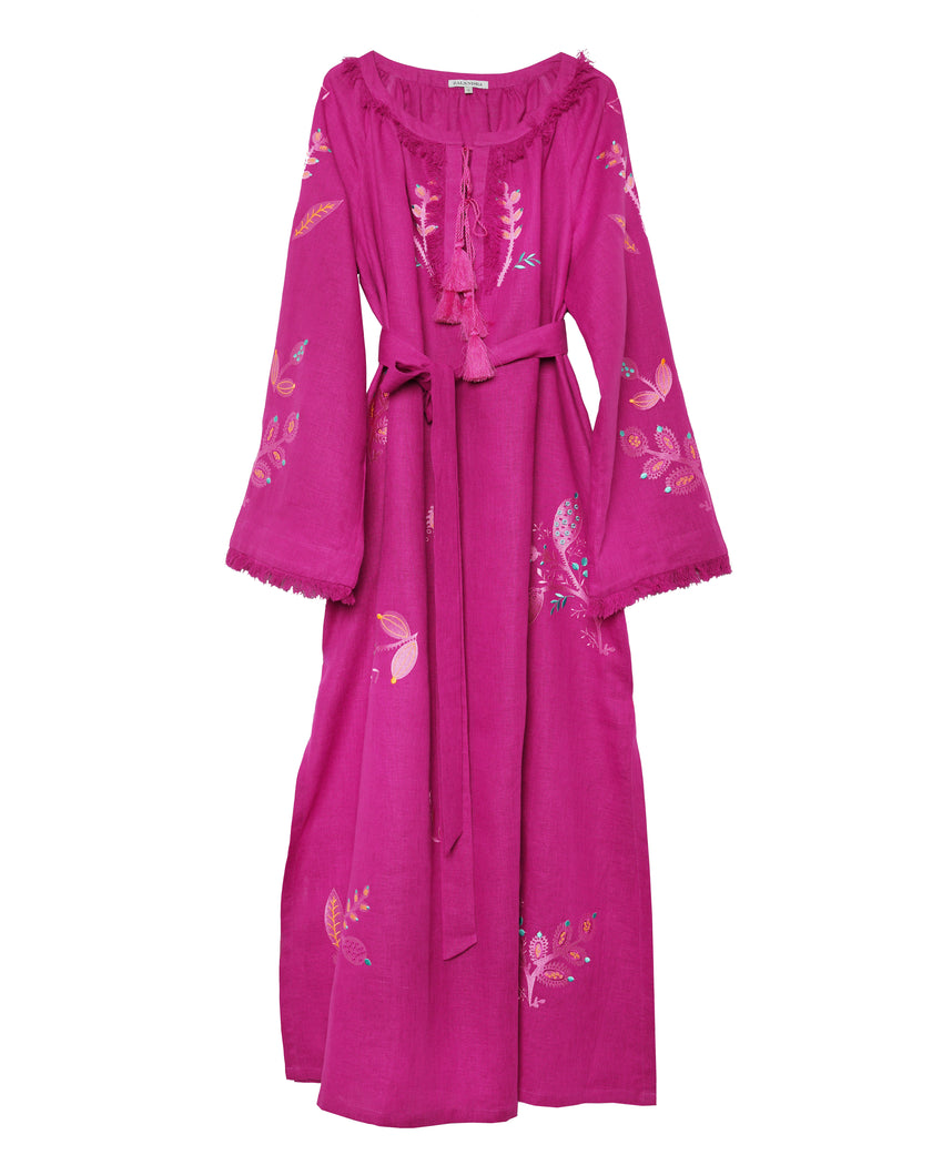 Deep Fuchsia Floral Embroidered Linen Kaftan Maxi Dress