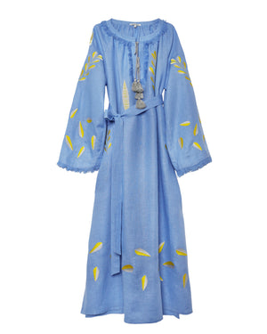 Powder Blue Embroidered Linen Maxi Dress | ZALXNDRA
