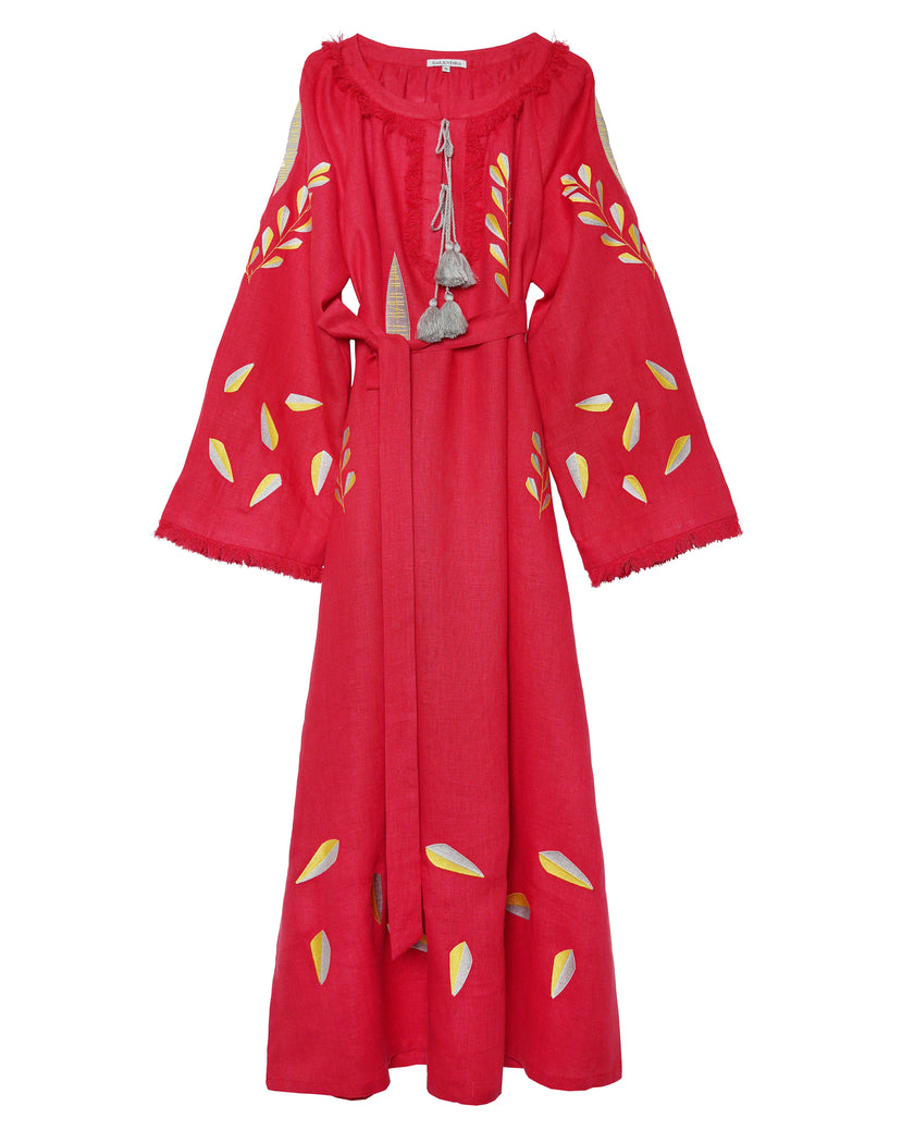 Scarlet Red Yellow Silver Floral Embroidered Linen Kaftan Maxi Dress