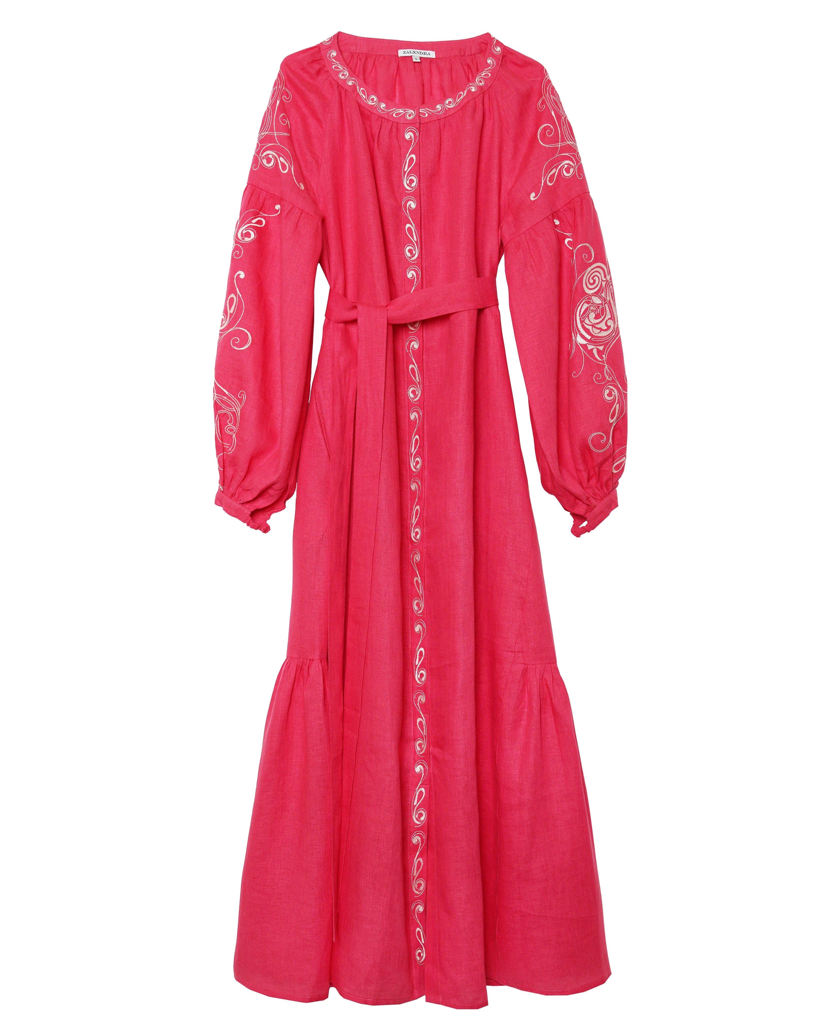 Coral Embroidered Linen Maxi Dress – Balloon Sleeves | ZALXNDRA