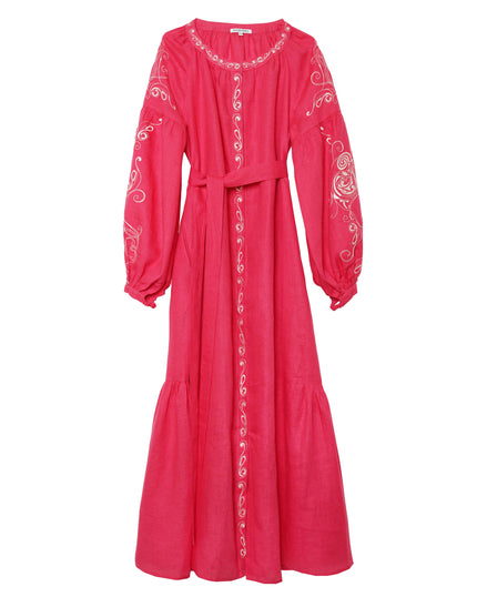 Coral Embroidered Linen Maxi Dress – Balloon Sleeves | ZALXNDRA