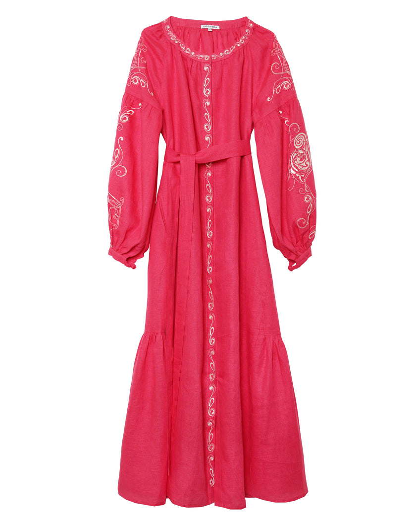 Coral White Embroidered Linen Kaftan Maxi Dress