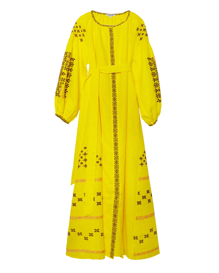 Lemon Yellow Embroidered Linen Maxi Dress – Balloon Sleeves