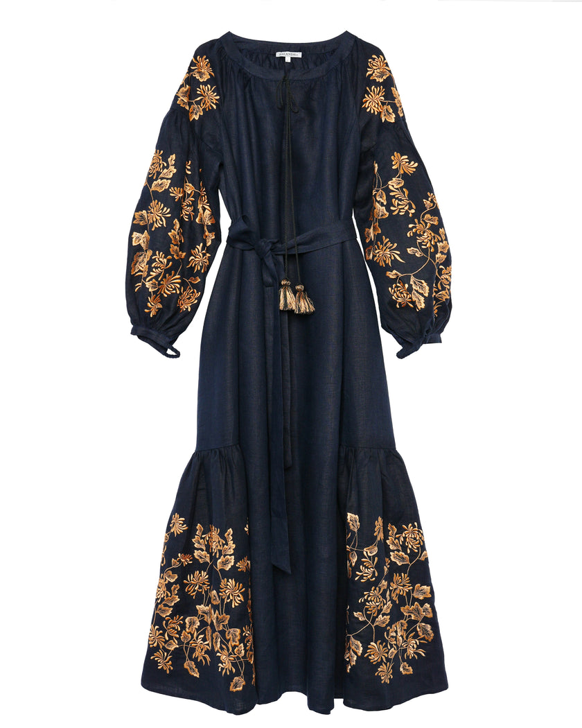 Navy Gold Floral Embroidered Linen Kaftan Maxi Dress