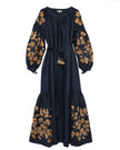 Robe longue en lin brodé bleu rhapsodie – Manches ballon