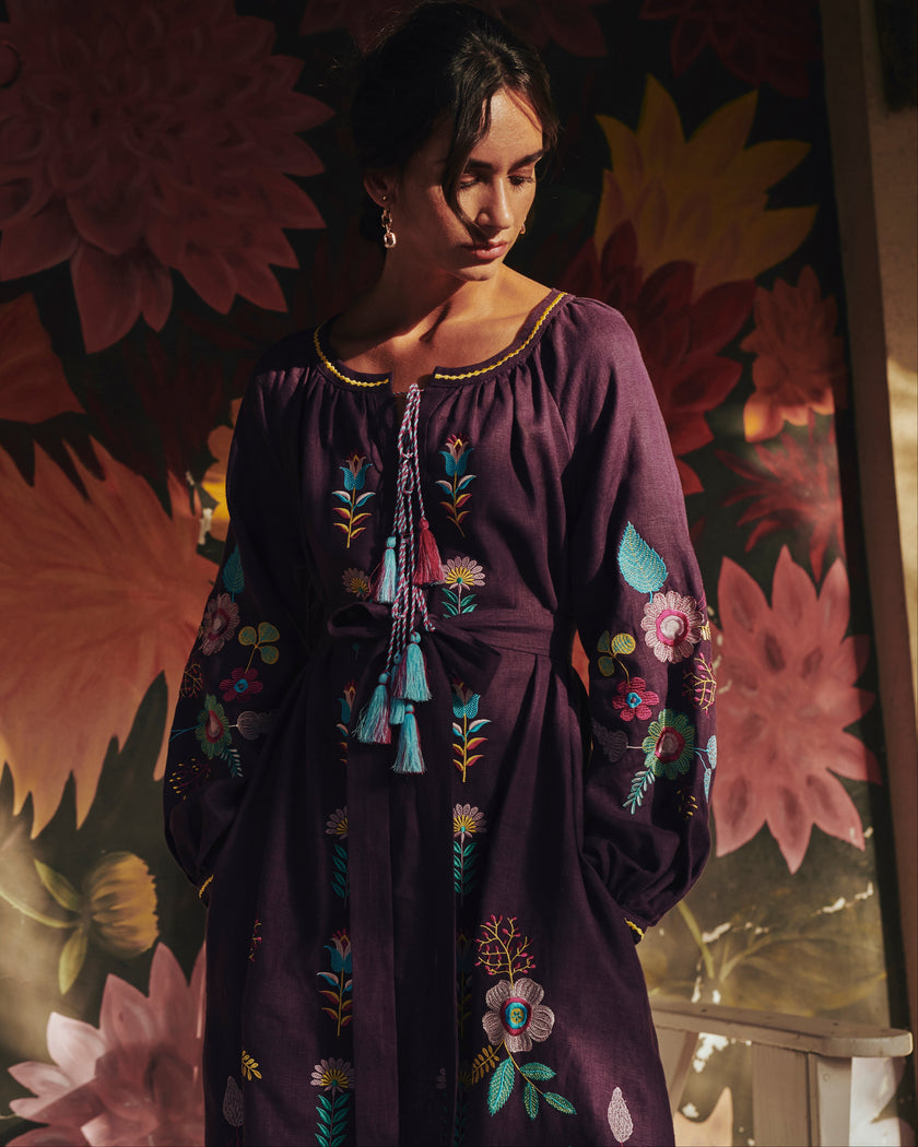 Plum Purple Multi-Color Floral Embroidered Linen Kaftan Maxi Dress